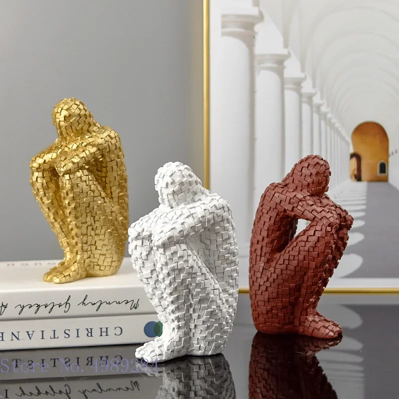 Resin Abstract Figure Statue Mosaic Character Model Sculpture Uneven Geometry Tuck Thinker Golden Man Resin Crafts Ornaments