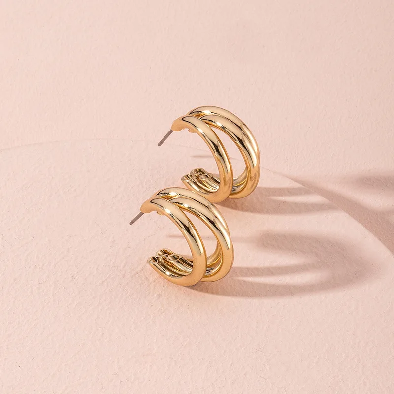 Lightweight Jewelry Wholesale 2024 Classic Fashion Gold Color Alloy Metal Bold Chunky Triple Tube Hoop Earrings for Women
