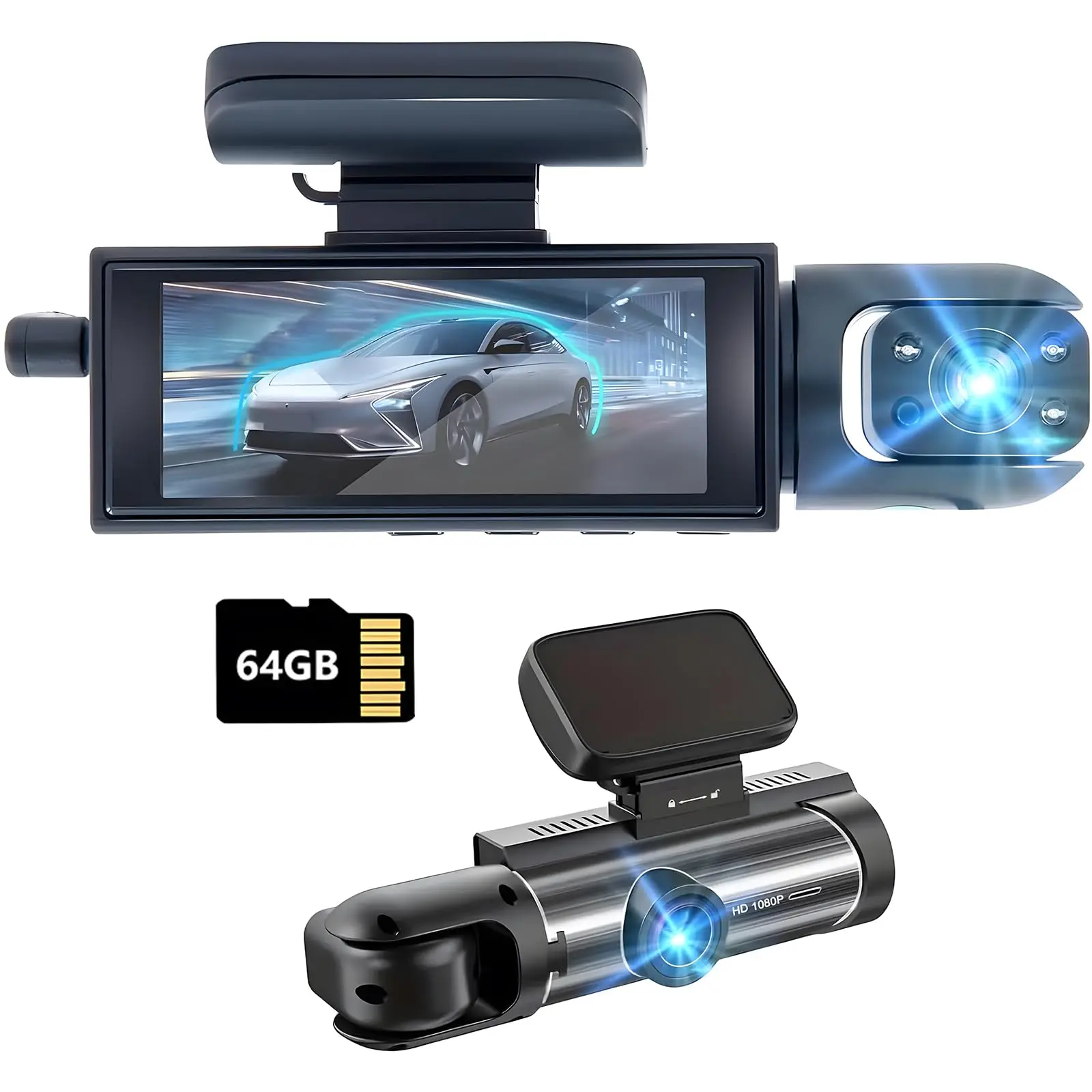 

Dash Cam Frontal e Interior, Dashcams para Coches con Tarjeta de 64 G, Grabadora de Tráfico con Visión Nocturna IR, Grabación
