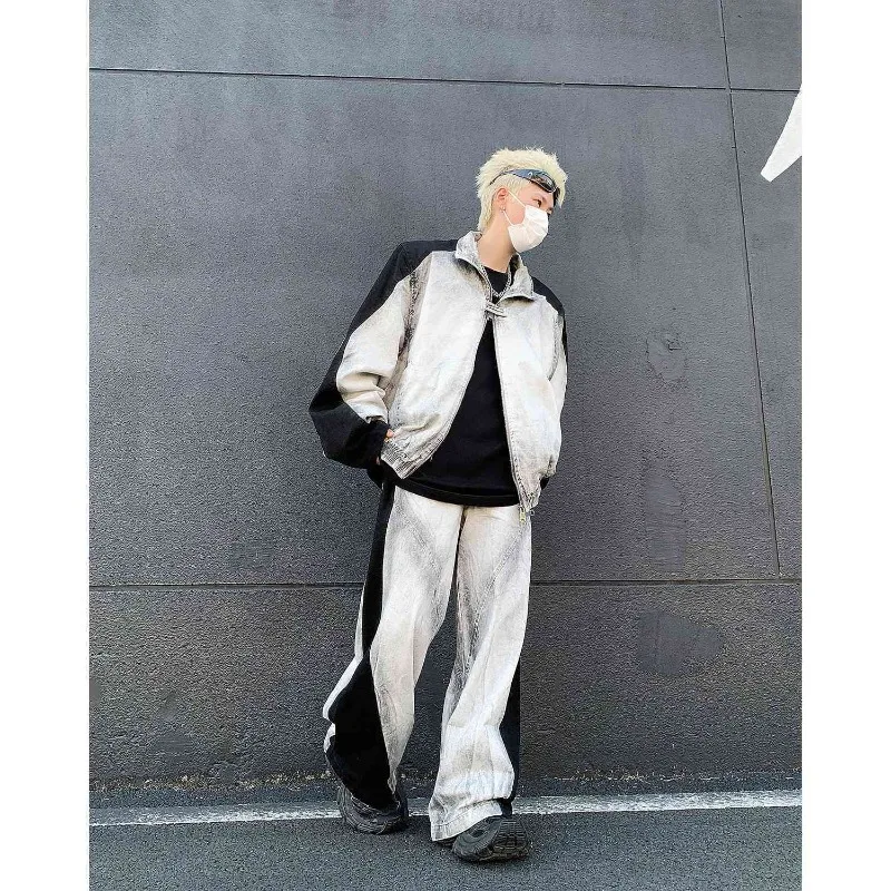 

Juspinice Tie Dye Patchwork Shoulder Padded Jacket Men's American High Street Loose Casual Pants Two-piece Set Male Clothing