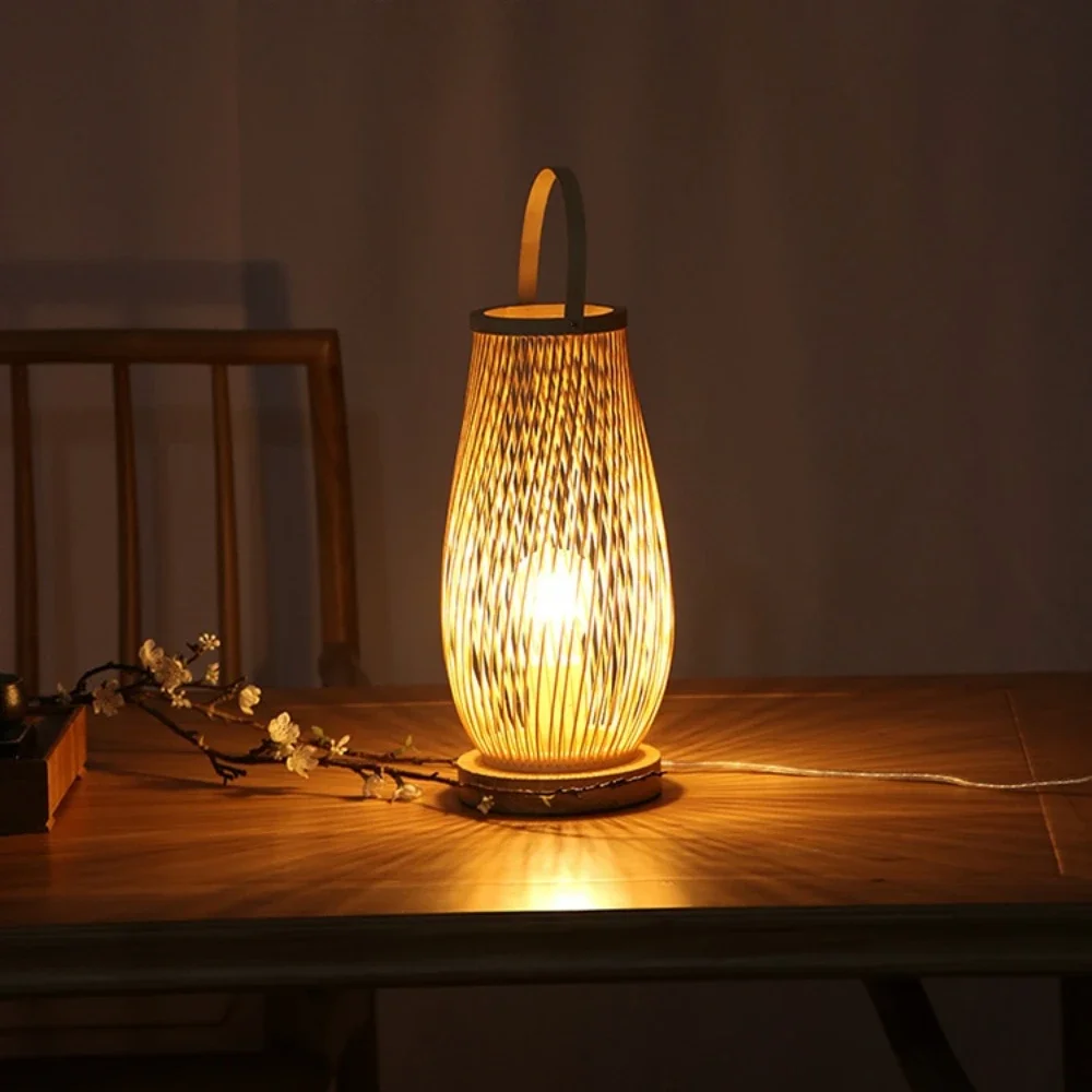 Candeeiros De Mesa De Madeira De Bambu Vintage, Luzes De Mesa De Cabeceira Do Quarto Artesanal, Decoração Da Sala De Estar, Lâmpada De Madeira De Bambu Quente