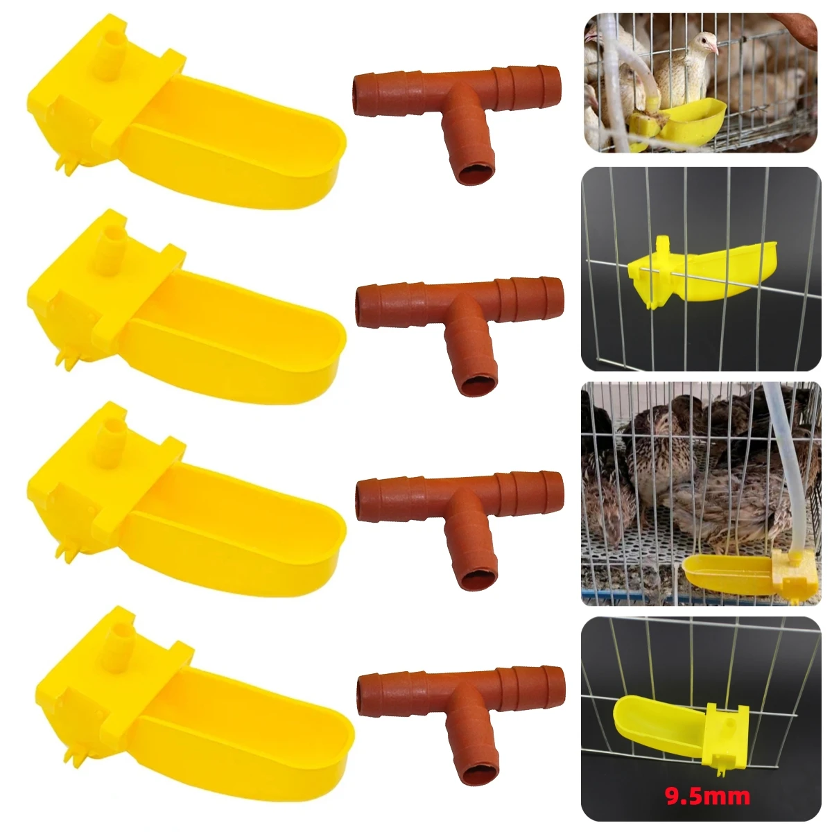 50Pcs Birds Automatic Drinking Bowl&Tee Connector 9.5mm Interface Double-sided Bird Cage Hanging Cup Quail Pigeon Chick Waterer