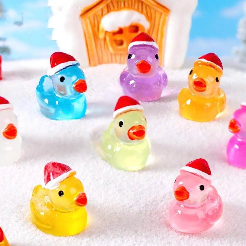 Cartoon Luminous Ducks Figurines with Christmas Hat Resin Crafts Duck Figurines Miniatures DIY Glow in Dark Mini Duck Statue