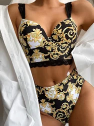 Printed Bra Cup Bandeau Bikinis Female Swimsuit High Waist Bikini Women Swimwear Two Pieces Bikini Set Push Up Bathing Suit Swim