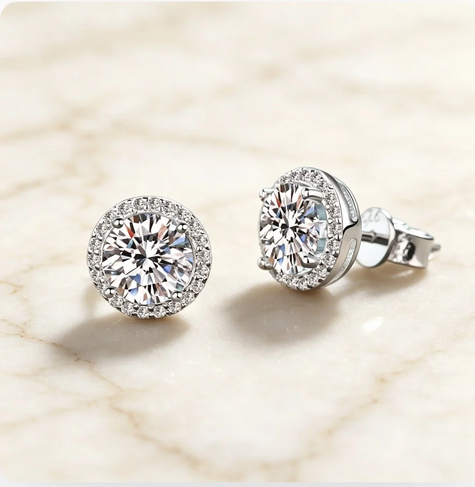Minimalist geometric moissanite earrings for unisex wear • electroplated silver and white gold finish • lightweight copper base