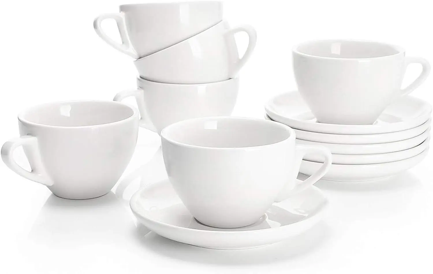 

6 Ounce Cappuccino Cups with Saucers, Porcelain Double Espresso Cups Set of 6 - White