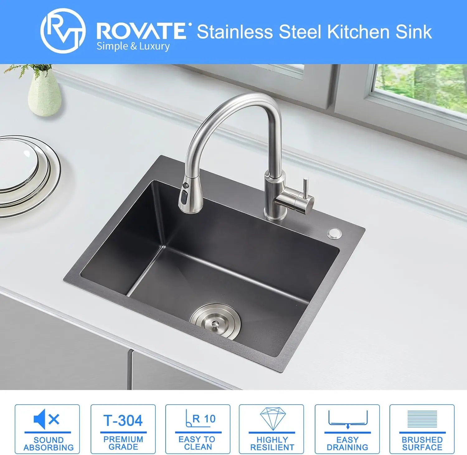 ROVATE 24x18inch Drop-in Kitchen Sink Single Bowl Black Nano Top-Mount Kitchen Sink Handmade 304 Stainless Steel Basket Strainer