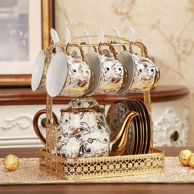 Royal Coffee Tea Set Luxury Gold Printed Ceramic Teapot with 6 Cups and Saucers European Design Style