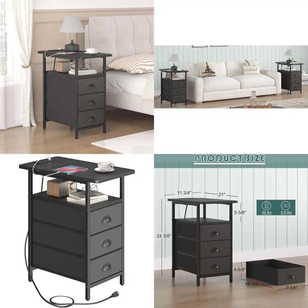 

Compact Charging Station End Table, USB & Outlet Side Tables for Living Room, 3-Drawer Narrow Nightstands with PU Finish, Slim B