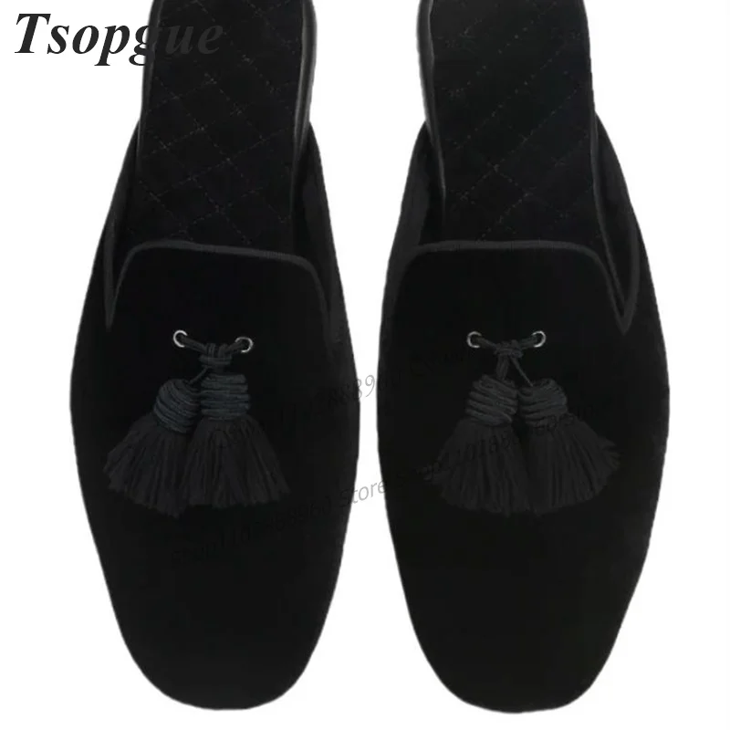 Black Flock Short Fringe Decor Men's Half Slippers Men Shoes High Quality Slip-On Runway Casual Party Shoes Zapatillas Mujer