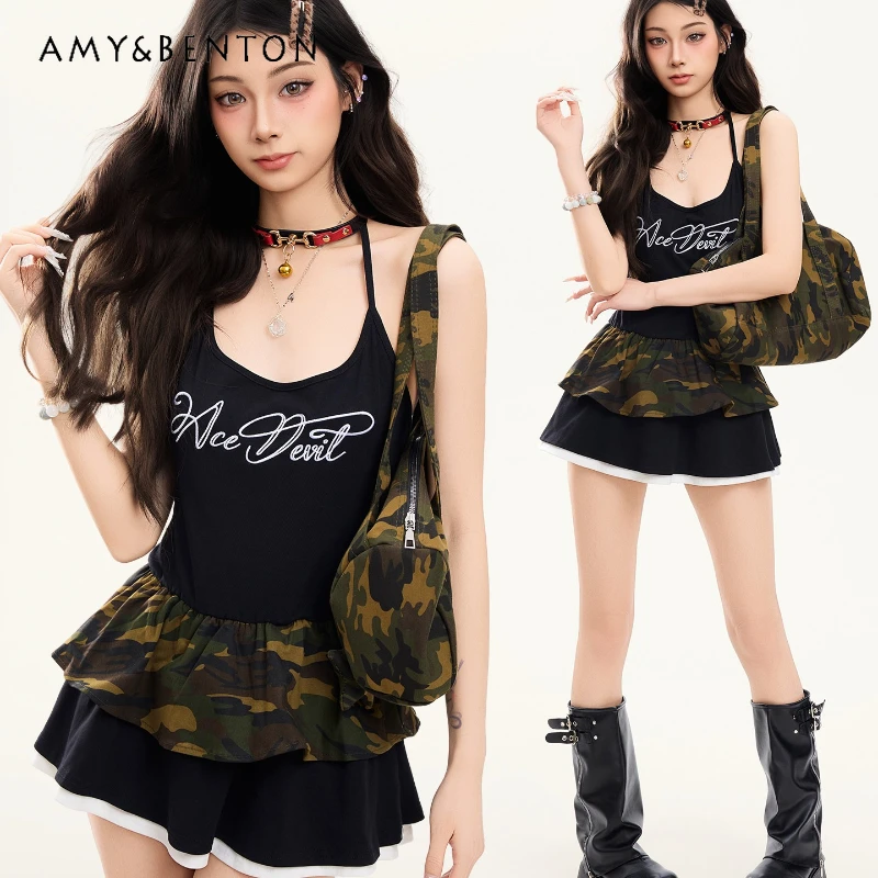 

Vintage Design Sweet Cool Hot Girl Style Women's Clothing 2026 Summer New Camouflage Splicing Y2k Vests Sling Dresses Ladies