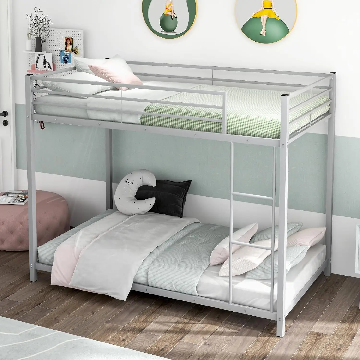 Metal Low Bunk Bed Twin Over Twin Heavy Duty Frame with Ladder Guardrails Slatted Base for Teens Adults, Customized