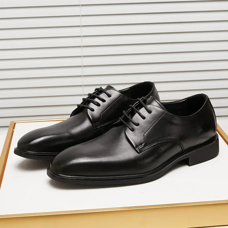 

New Men's Business Dress Shoes Men Genuine Leather Lace-up Low Heeled Derby Shoes Square Toe Male Wedding Shoes Black Brown 2362