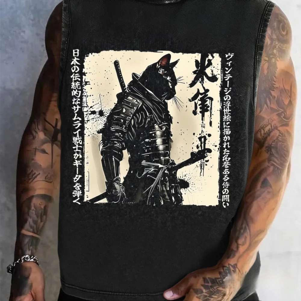 Man Gyms Men's Clothe Tank Top Sleveless Chic 2025 Summer Vest Retro Cat Samurai Acid Washed Japanese Style Martial Arts Tanks