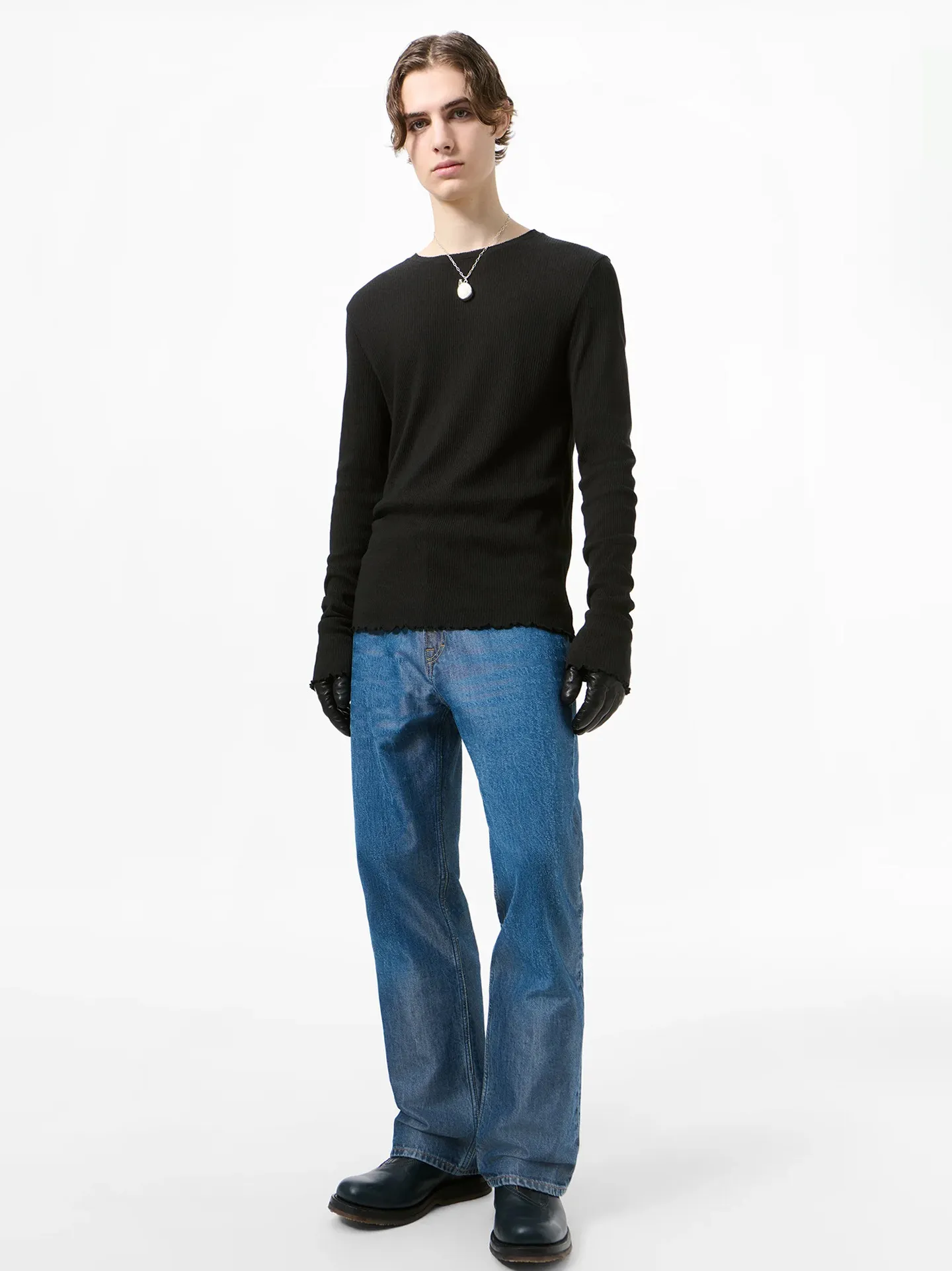 OL style ELONGATED pit strip wavy curled edge lazy long-sleeved casual T-shirt