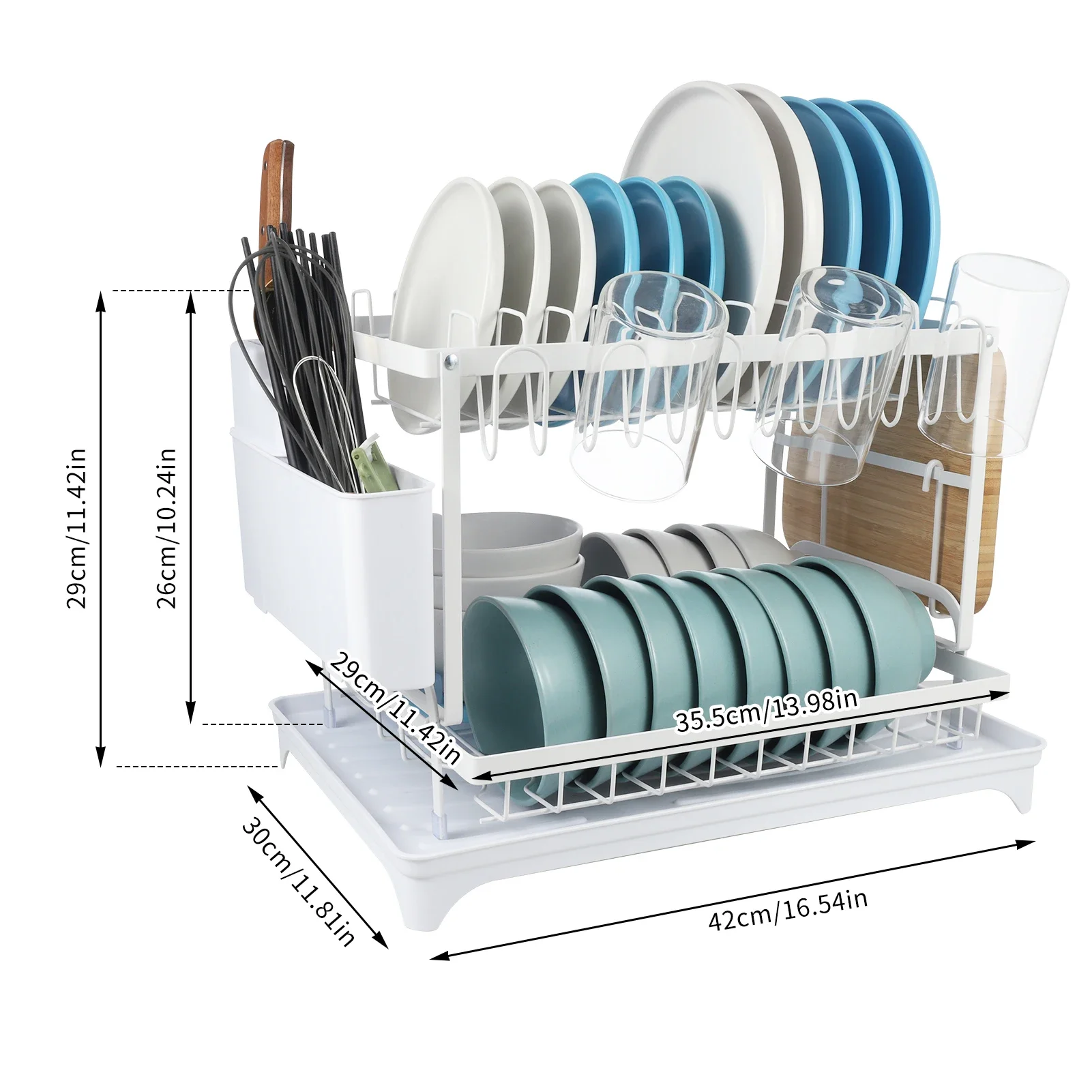 رف تجفيف الأطباق قابل للفصل والطي من طبقتين، منظم تجفيف الأطباق ذو سعة كبيرة مع لوح تصريف، منظم أدوات المائدة في المطبخ