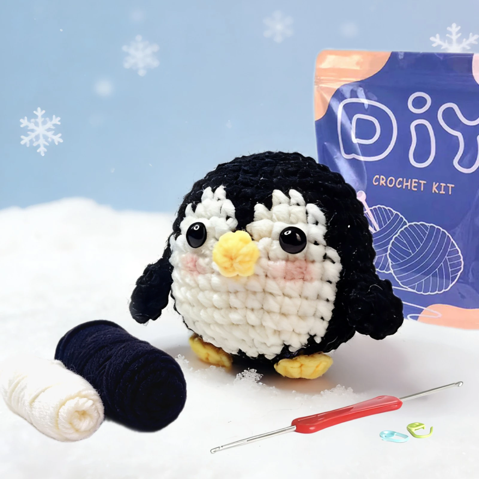 Kit de ganchillo de pingüino, juego de ganchos de amigurumi para pingüino con manual de instrucciones y tutorial en vídeo, el color puede variar, 1 ud.