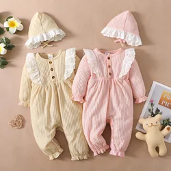 New Long Sleeve Rompers Baby Girl Jumpsuit Newborn Baby Clothes Solid Ruffled Clothing with Hat Birthday Clothes Yellow & Pink