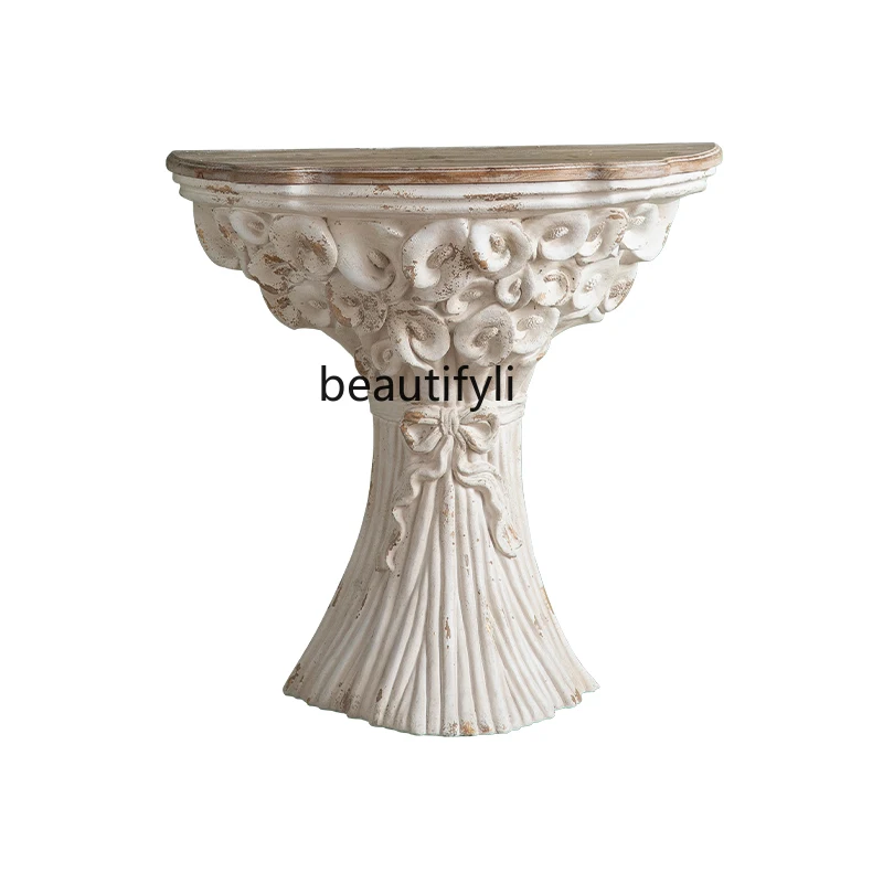 

French Style Home Console Vintage Distressed Carved Semicircle Console Tables Flower Shop Photo Studio Decorative Shooting Props