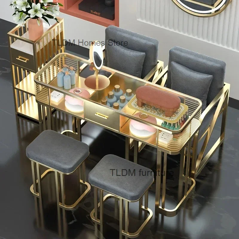 

Italian Light Luxury Glass Nail Tables Gold with Drawer Manicure Tables Modern Salon Furniture Beauty Salon Table and Chair Set