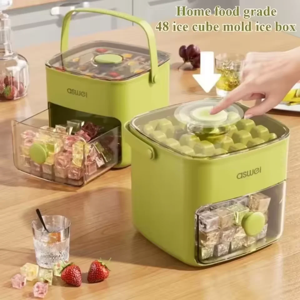 Portable Ice Maker Machine with Storage Drawer & Handle Compact Ice Making Tool 48 Grid Ice Cube Mold for Household &Outdoor Use