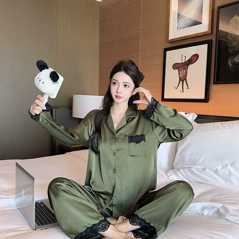 

Пижамный костюм из двух предметов, роскошная одежда для сна с принтом, женские брюки с длинными рукавами, комплект PJS, осенне-весенняя женская ночная рубашка, пижамы, домашняя одежда