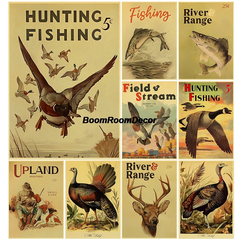 Vintage Wildlife Prints Hunting Creative Wall Art Posters Landscape Kraft Paper Nostalgia Canvas Landscape Coffee Bar Posters