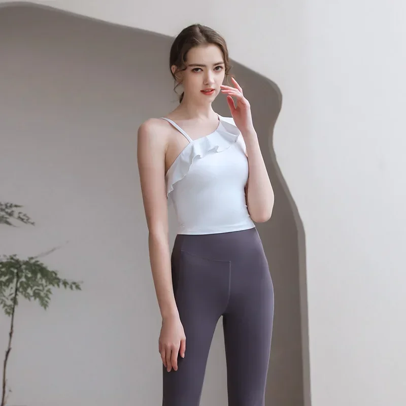 Lightweight S838 Small sexy suspender yoga suit top with bare navel, tight fitting, ruffled edge, short sleeved women's summer s