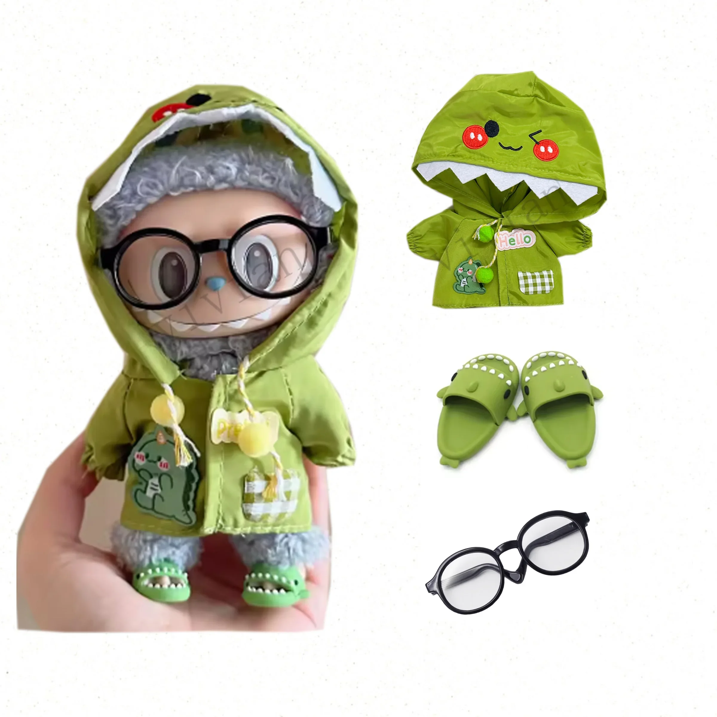 Doll'S Clothes Outfit Accessories For 15-17cm Labubu Idol V1 V2 10cm cotton doll Green Yellow Raincoat hat set Clothing Gift