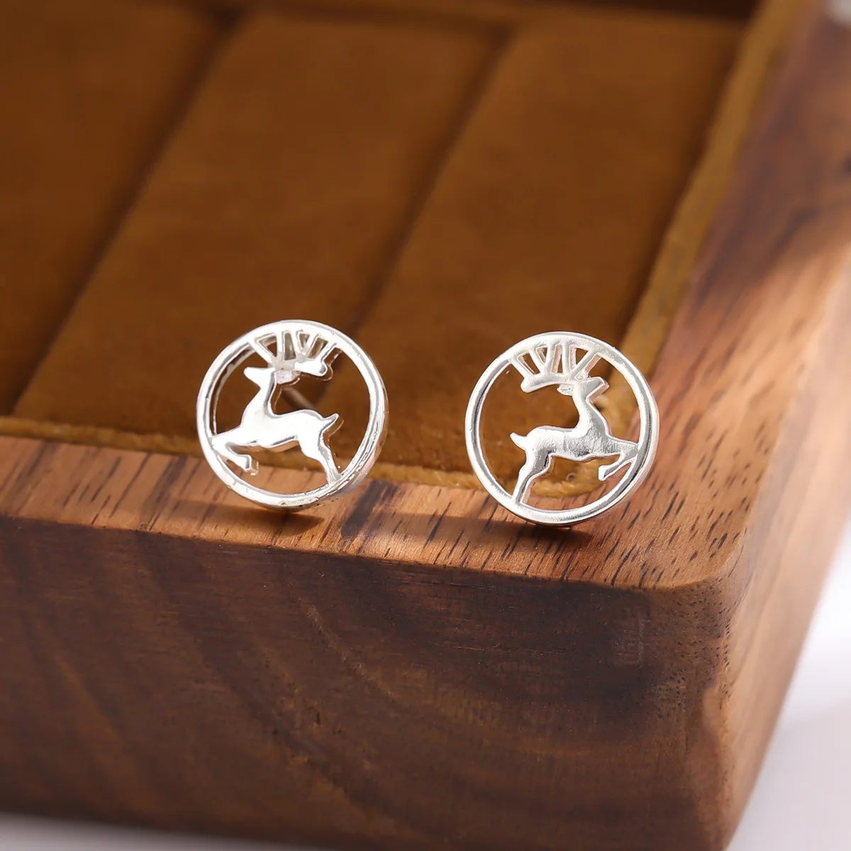 Fashiona And Fresh Round Hollow Deer 925 Sterling Silver Jewelry Cute Animal Stud Earrings  E178