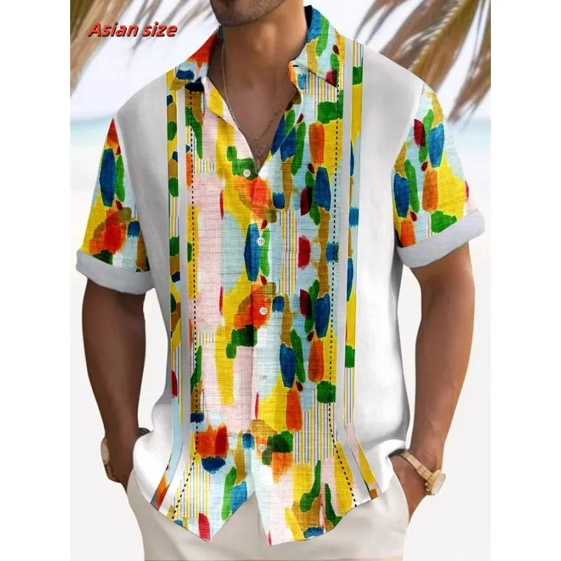 Colorful Geometry Pattern Hawaiian Shirt For Men Music Stripes 3D Print Short Sleeve Tops Casual Lapel Aloha Shirts Loose Blouse