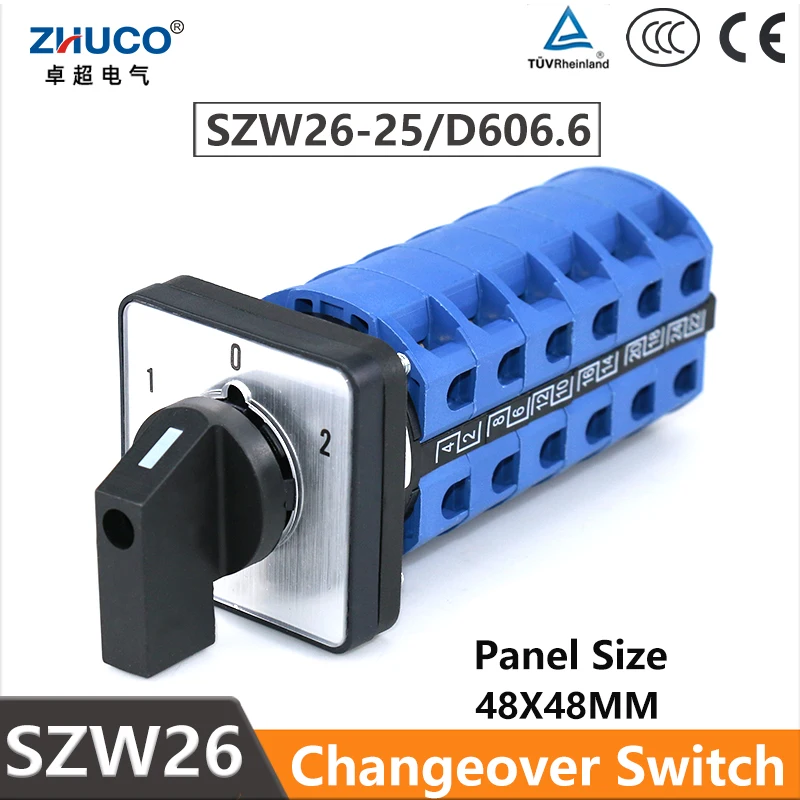 

ZHUCO SZW26/LW26-25 3 Positions 6 Phase 24 Terminals Screw 660V 25A 48x48Mm Panel Selector Control Rotary Changeover Cam Switch