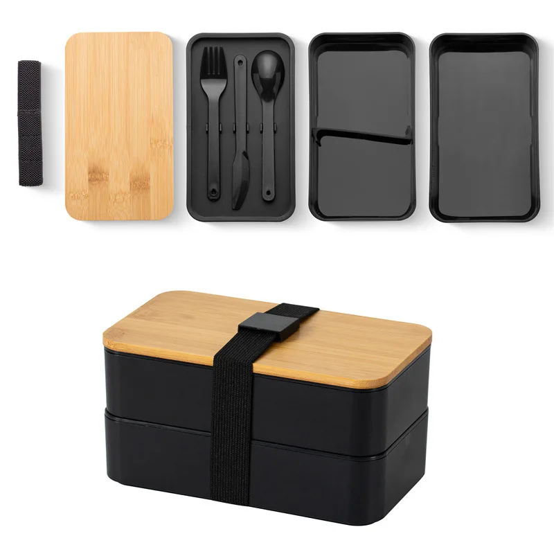 1200ML Divided Lunch Box Picnic Microwave Wooden Cover Japanese Bento Box Portable Double Layer Food Container For Kids