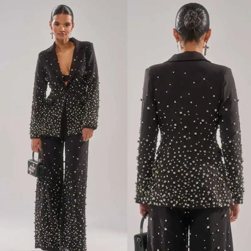 Customized High Quality Diamond 2 Piece Set Single Breasted Women Suits Simple Beads Notched Lapel Plus Size Luxury Women Blazer