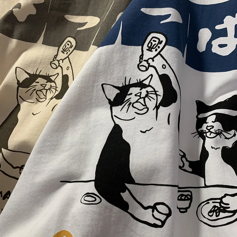 Men Tshirt Oversized Drinking Cat Anime Cotton Print Streetwear Graphic Short Sleeve Korean Fashion Top Harajuku Summer Clothing