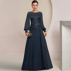 Navy Blue Mother of the Bride Dresses 2023 O-neck Applique Long Formal Wedding Guest Gowns Chiffon Dress Women For Wedding