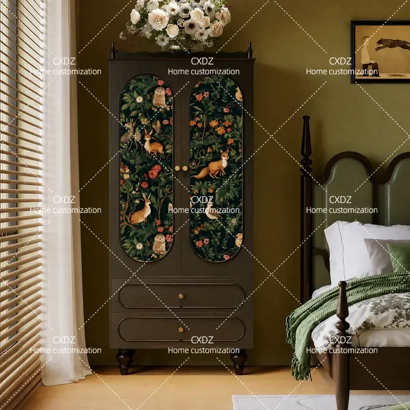 Medieval Style Forest Animal Solid Wood Wardrobe Living Room Porch Six Drawer Storage Cabinet Household Organizer