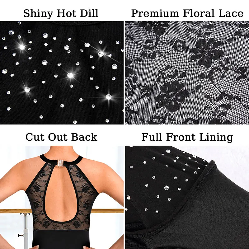 Women\'s Dance Leotard for Ballet Black Halter Neck Lace Hollow Back, Shiny Front,Fold Button,Full Front Lining Ballet Clothes