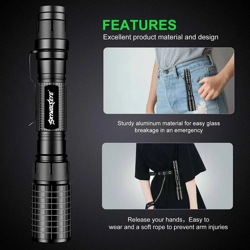 Skywolfeye Zoomable SUper Bright LED Flashlight 5 Working Mode Portable Bright Torch for Camping Hiking Home Emergency
