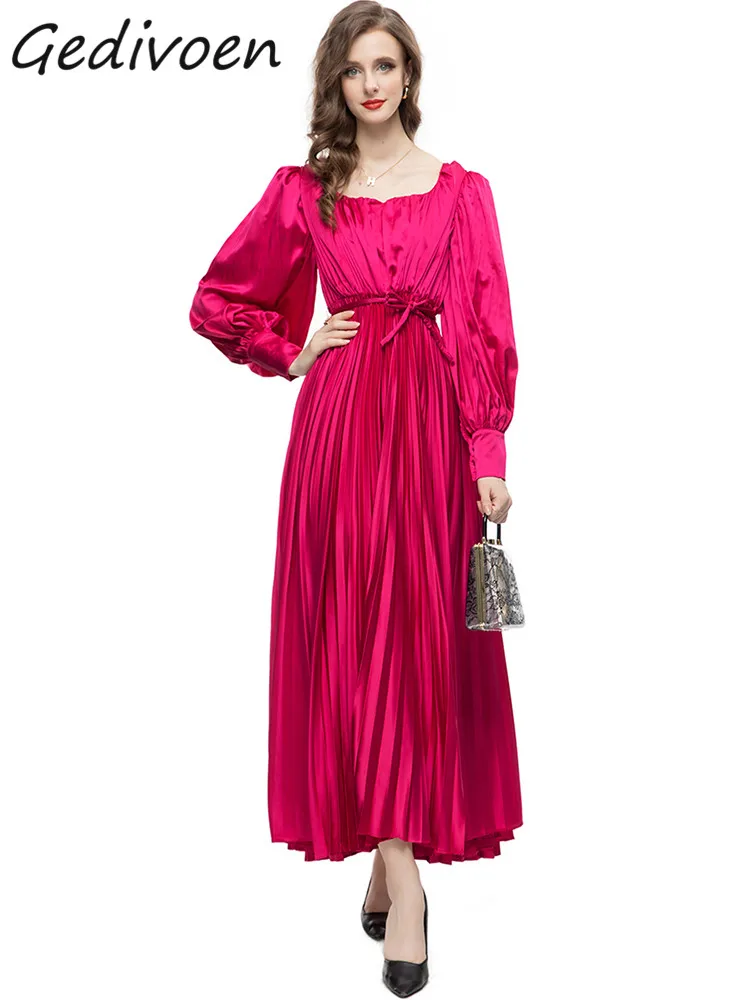 

Gedivoen Summer Fashion Runway Rose Red Vintage Dress Women Square Collar Long Sleeve Frenulum Gathered Waist Pleated Long Dress