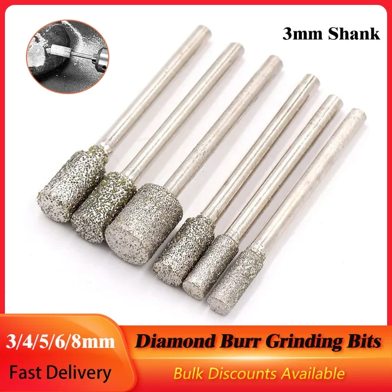 

5Pcs 3/4/5/6/8mm Diamond Burr Grinding Bits With 3mm Shank Cylinder Engraving Abrasive Wheel 60 Grit For Dremel Rotary Tools