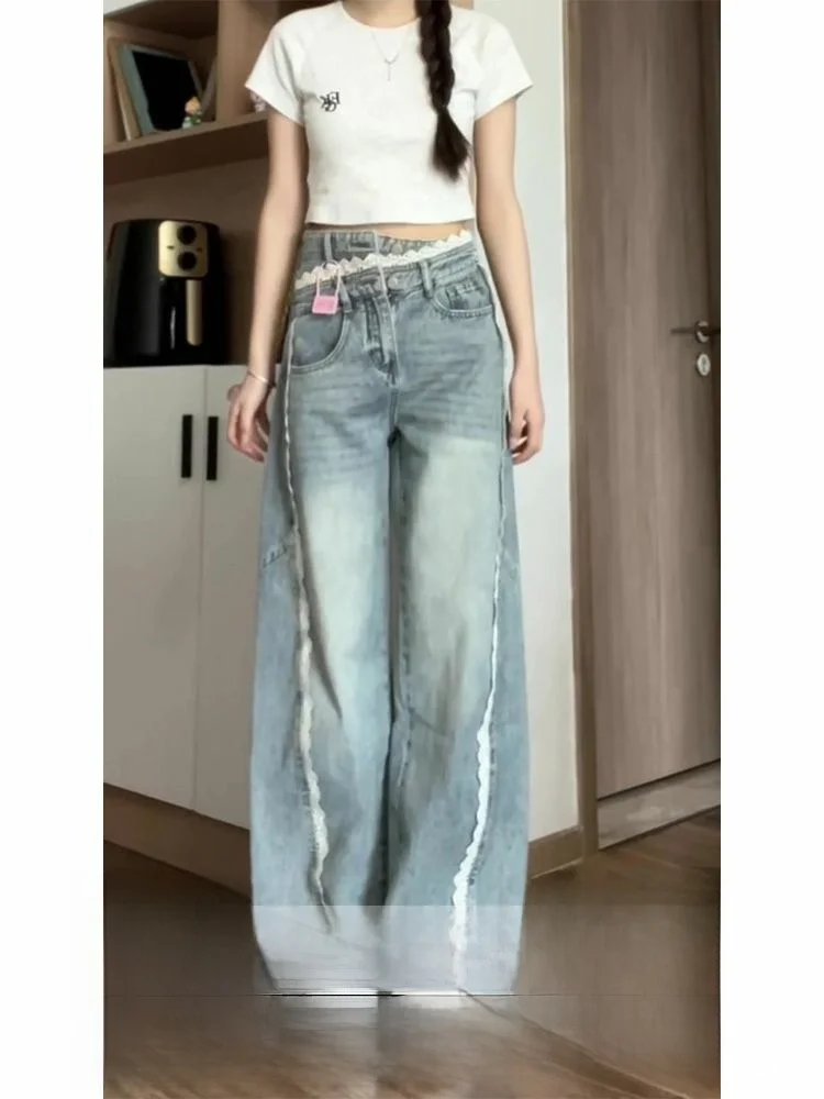 

Широкие джинсы с высокой талией, американский дизайн, джинсовые джинсы с кружевной отделкой, женские осенне-зимние новые утягивающие брюки длиной до пола