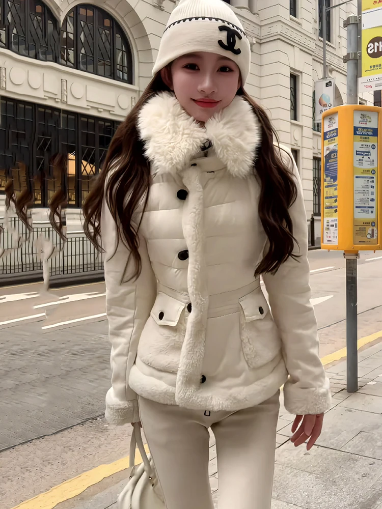 

Winter Fleece Natural Fur Collar Parker Down Jacket Female Zipper Warm Slim Jackets Women White Duck Down Solid Casual Outwears