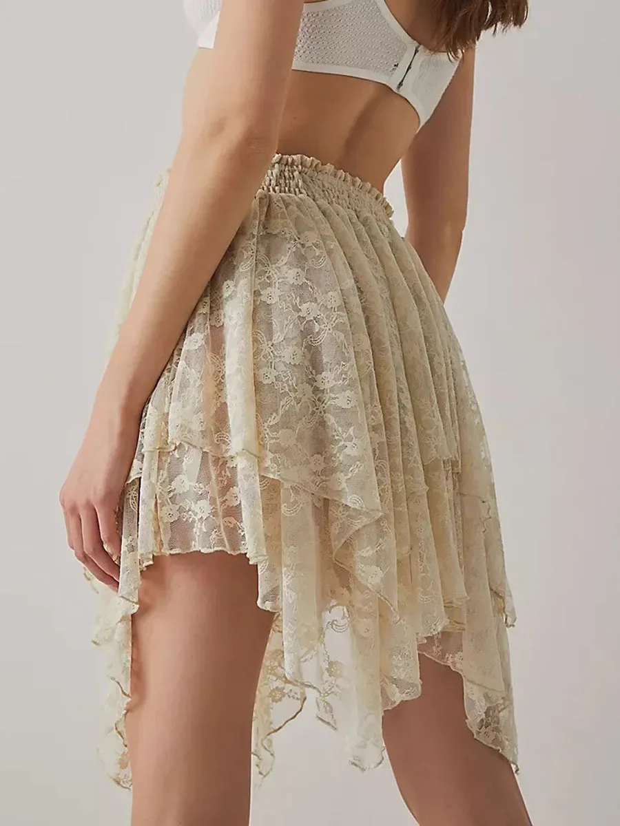Women Lace Mini Skirts Solid Color Fashion Floral y2k Skirt Casual Vacation Flowy Fit Aesthetic Sheer Dress 2024 New Streetwear