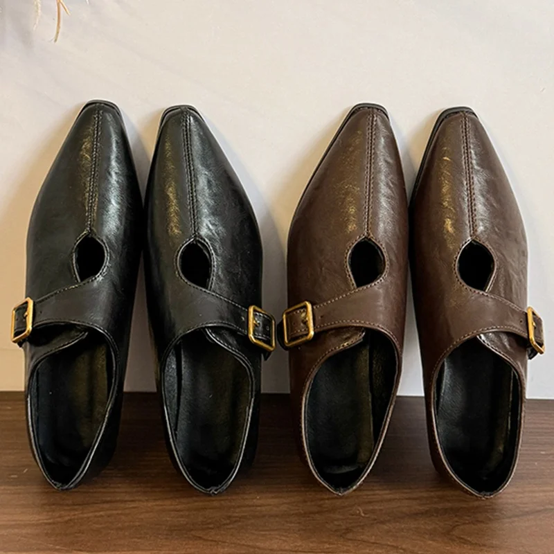 

Women's Ultra Fine Fiber Synthetic Leather Pointed Toe Metal Buckle Slip-on Flats High Quality Soft 3cm High Heel Shoes