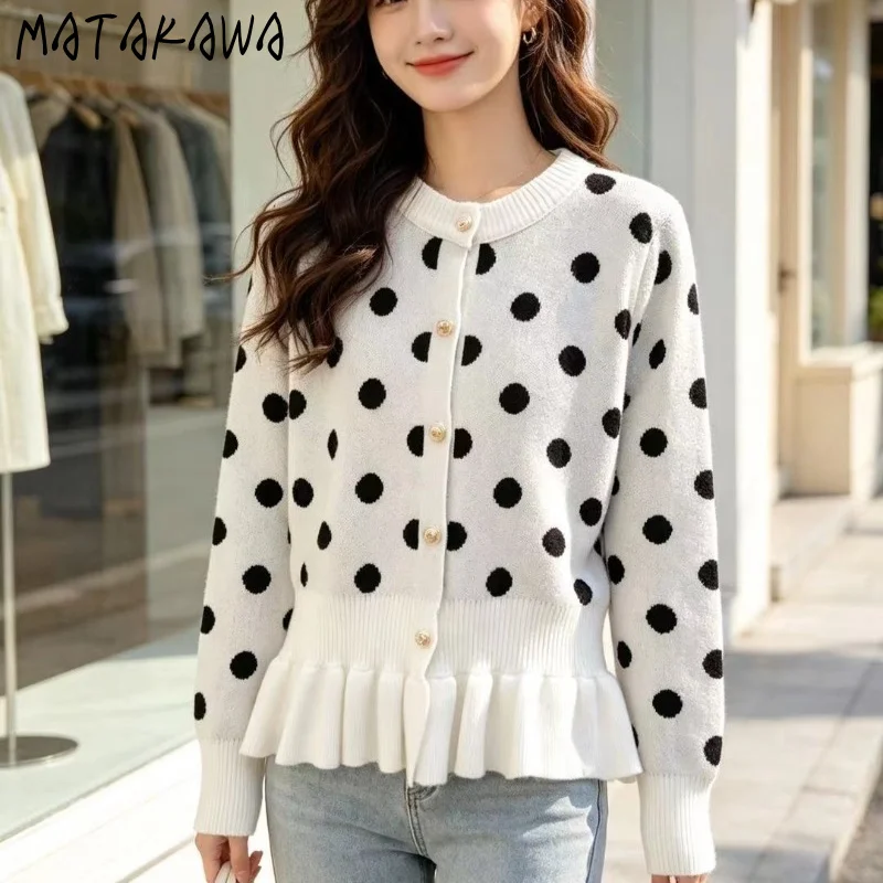 Polka Dot Cardigans Women Contrast Trim Pearl Button Ruffles Sweaters Waist Cinch Knit Top Light Luxury Vintage Sueter Mujer