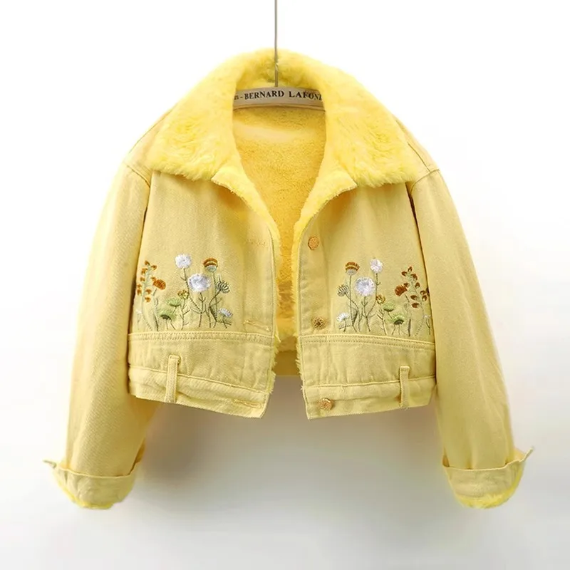 

Winter Thick Yellow Embroidery Velvet Liner Denim Jacket Women Cowboy Outerwear Korean Fashion Loose Short Jeans Jackets Female