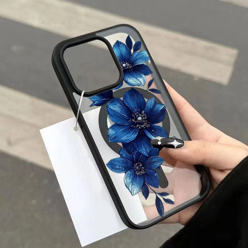 Blue Lily Whisper Magnetic Phone Case for iPhone 17 16 15 14 13 12 11 Pro Max Plus 17 Air For Magsafe Wireless Charing Cover