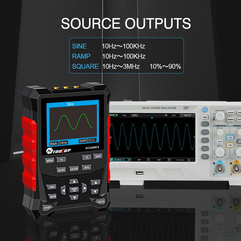 TOOLTOP ET120MC2 dwukanałowy mini oscyloskop cyfrowy 120MHz szerokość pasma 500MSa/S generator sygnału 2 w 1 elektroniczne narzędzie do naprawy