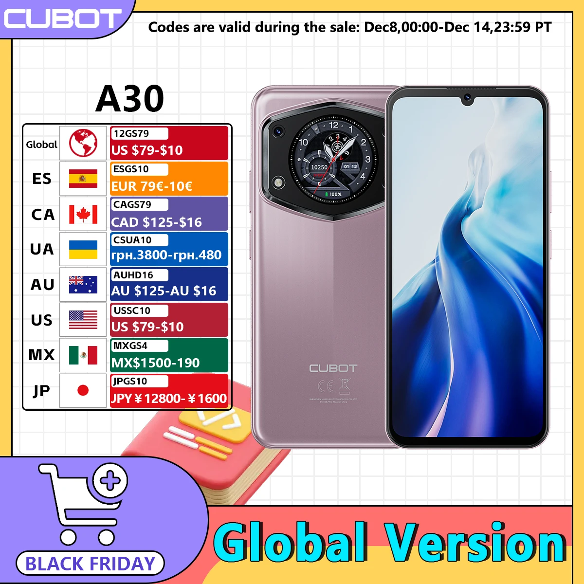 Cubot A30 Android 14 Smartphone Dual Screen Design 6GB RAM+128GB ROM 6.745-inch 90Hz Display 5100mAh 48MP Main Camera Face ID